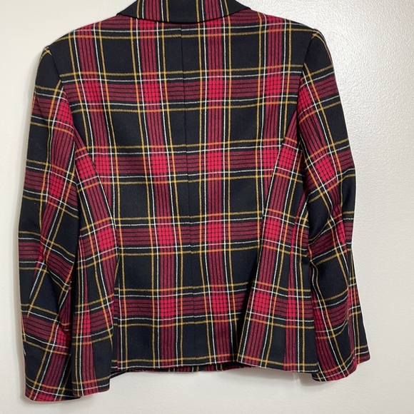 H. Stockton Atlanta Red Black Yellow Tartan Plaid Wool Cropped Jacket Size 2 - Picture 7 of 15